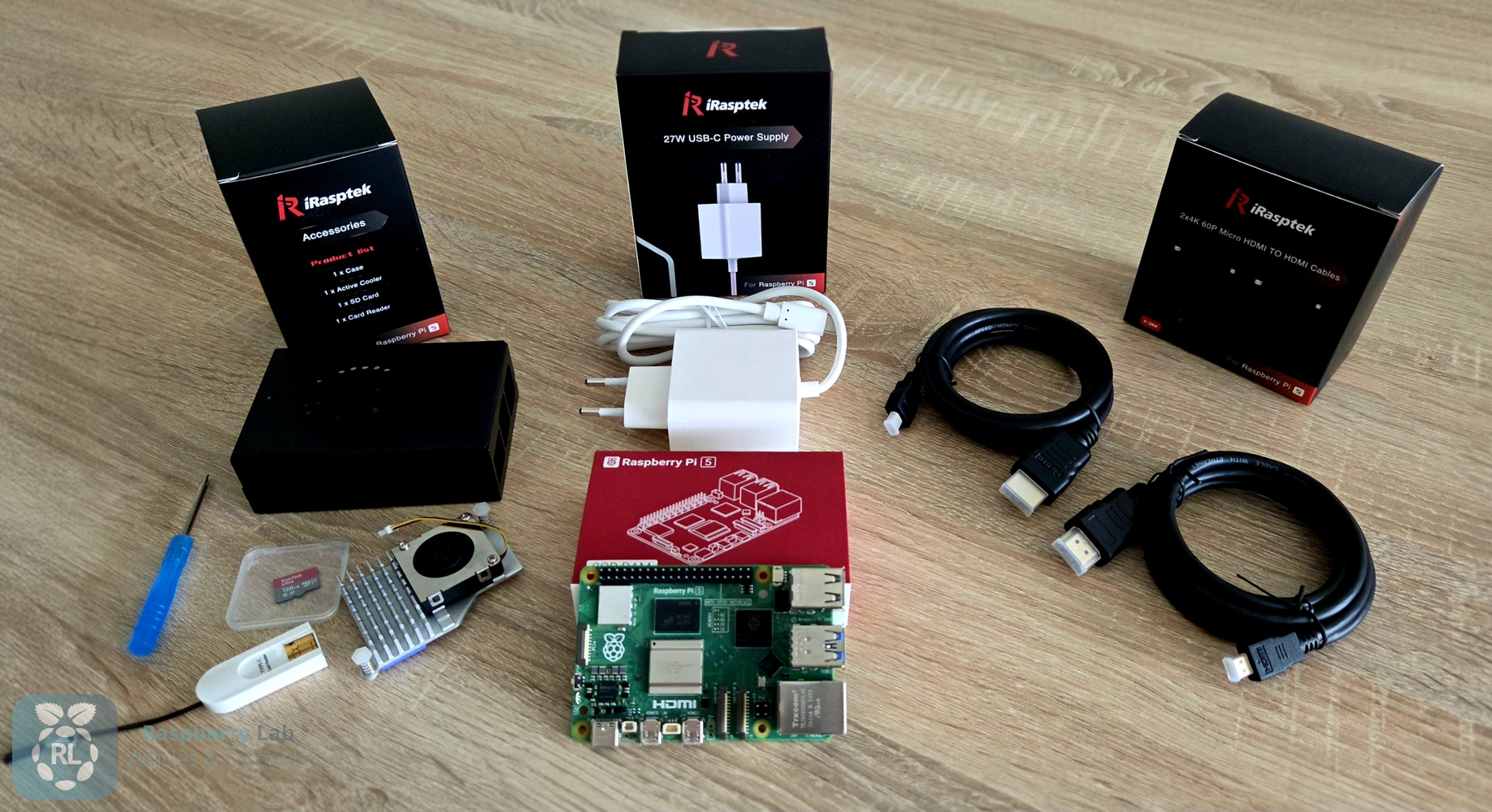 Vue éclatée du kit iRasptek montrant tous les composants étalés