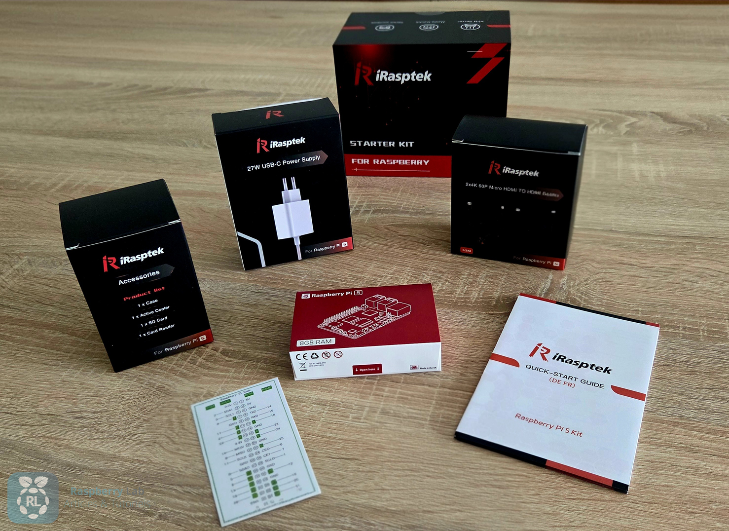 Kit iRasptek ouvert montrant plusieurs sous-boîtes fermées contenant les composants