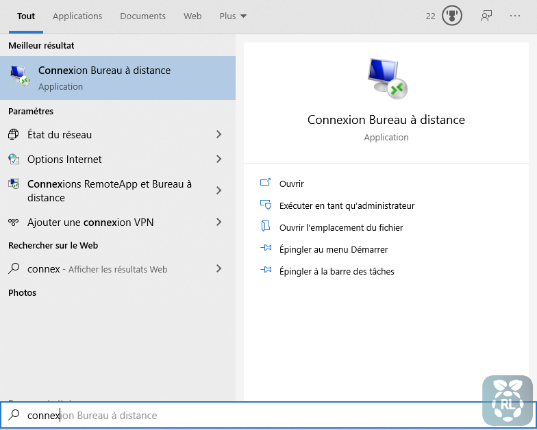 Recherche Menu Démarer Connexion bureau distance