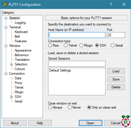 Capture d'écran ouverture Putty - Raspberry Lab