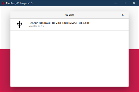 Select card in Raspberry Pi Imager